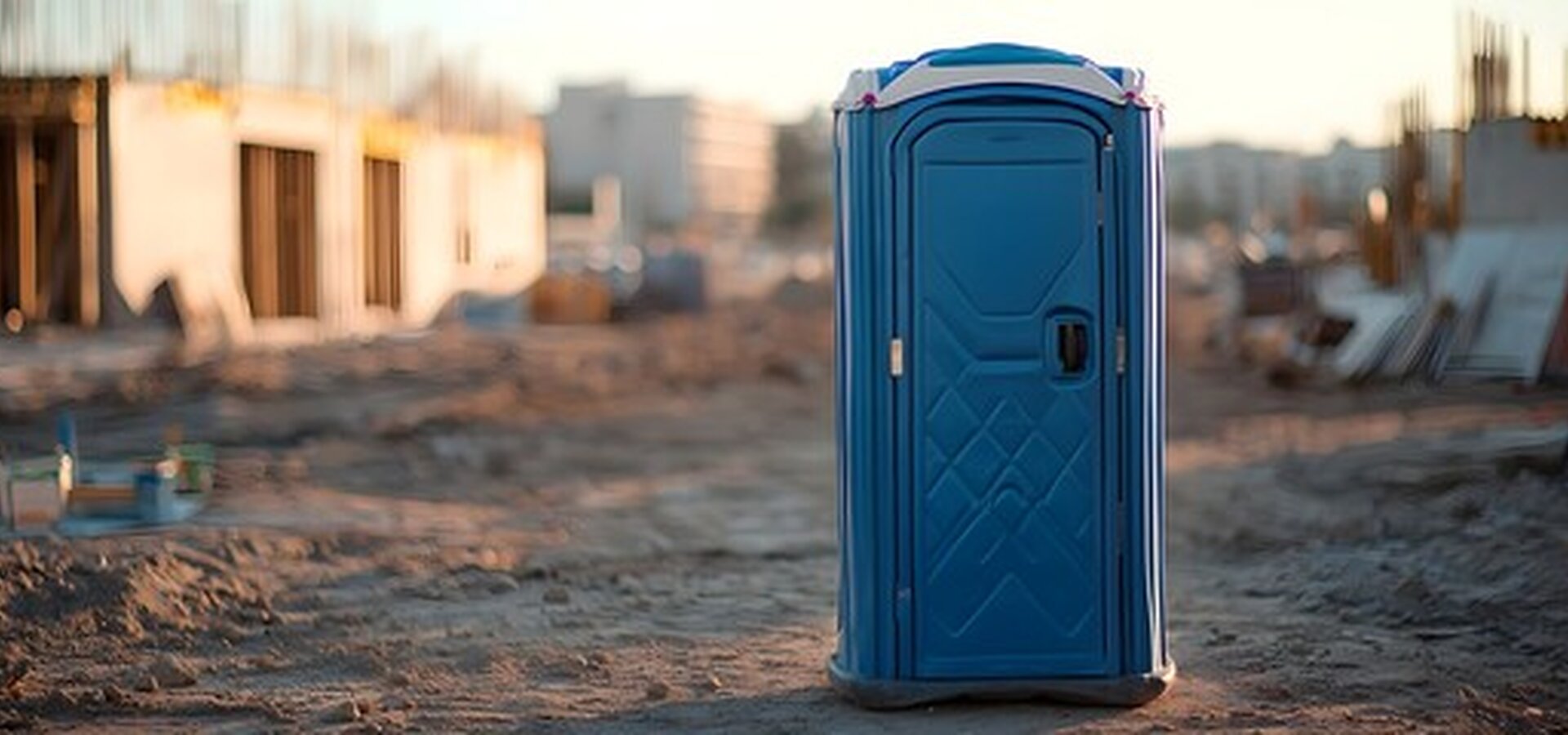 Standard blue portable toilet unit set up on a Buena Park construction site