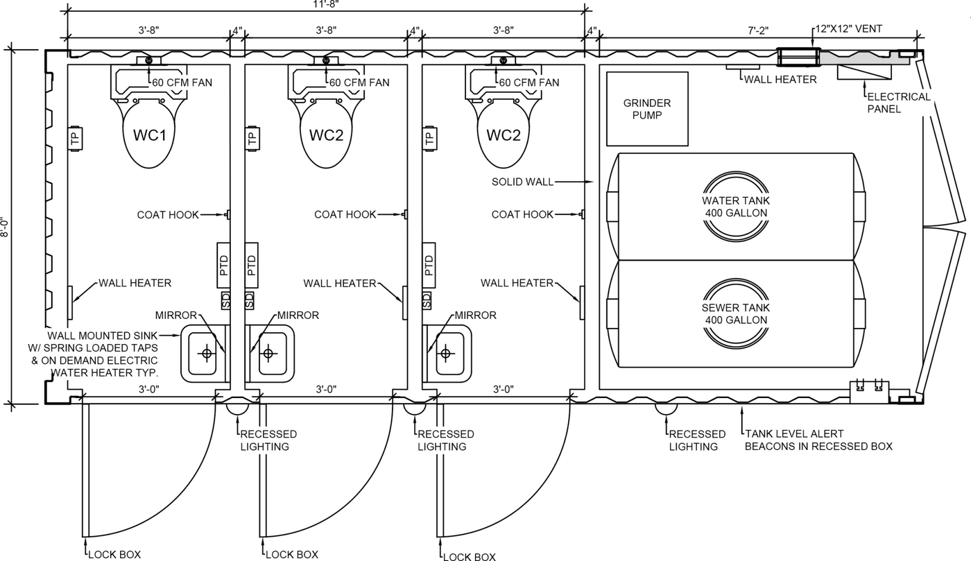 Luxury restroom trailer floor plan with multiple stalls, sinks and climate control